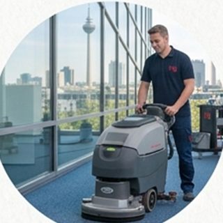 Mitarbeiter reinigt einen Bürogang mit einer Scheuersaugmaschine