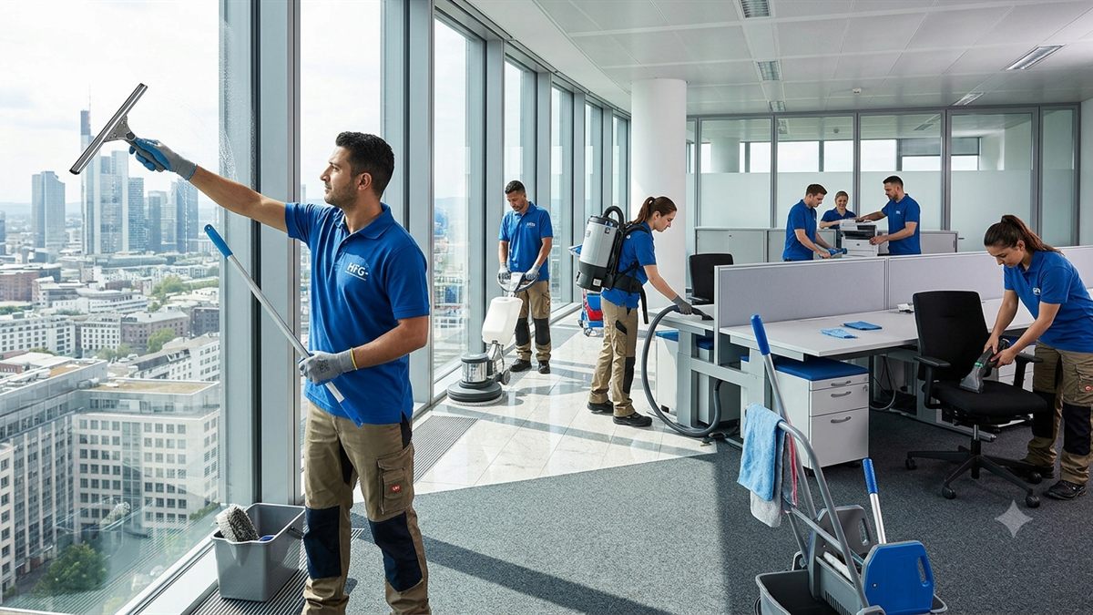 Reinigungsteam bei der Arbeit in einem Großraumbüro: Fensterreinigung, Bodenpflege und Staubsaugen.