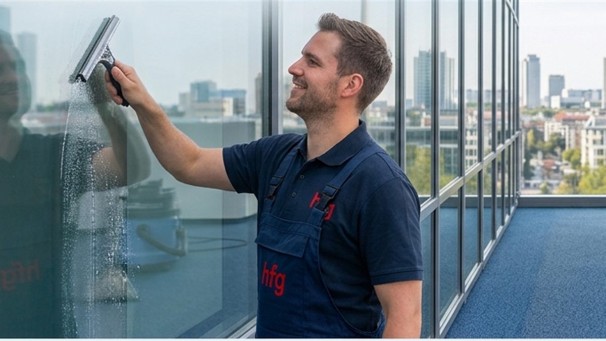 Mitarbeiter reinigt mit einem Abzieher eine große Fensterfront in einem Bürogebäude.