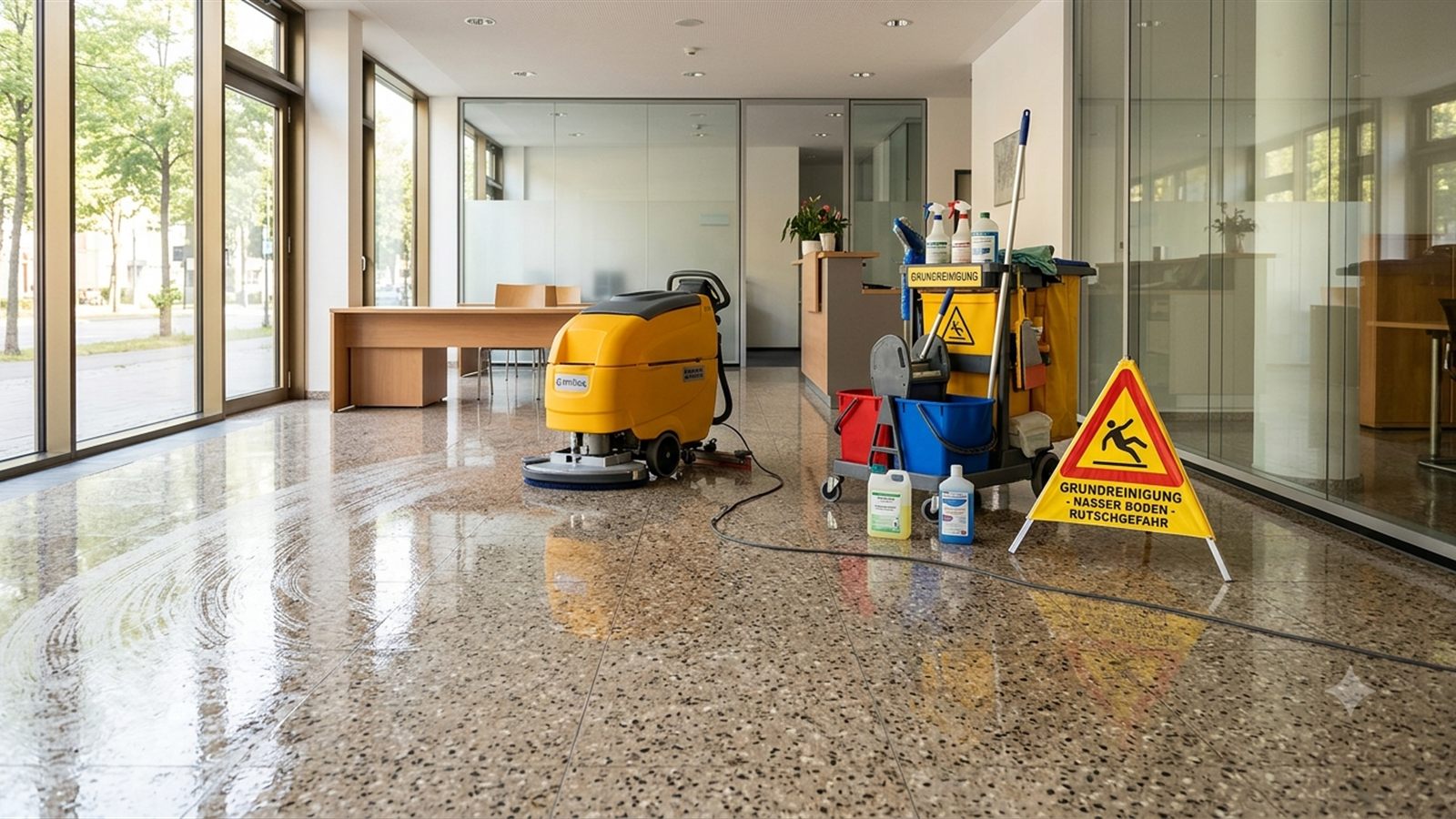 Frisch gereinigter Steinboden in einem hellen Eingangsbereich, daneben Reinigungsmaschine und Reinigungswagen.