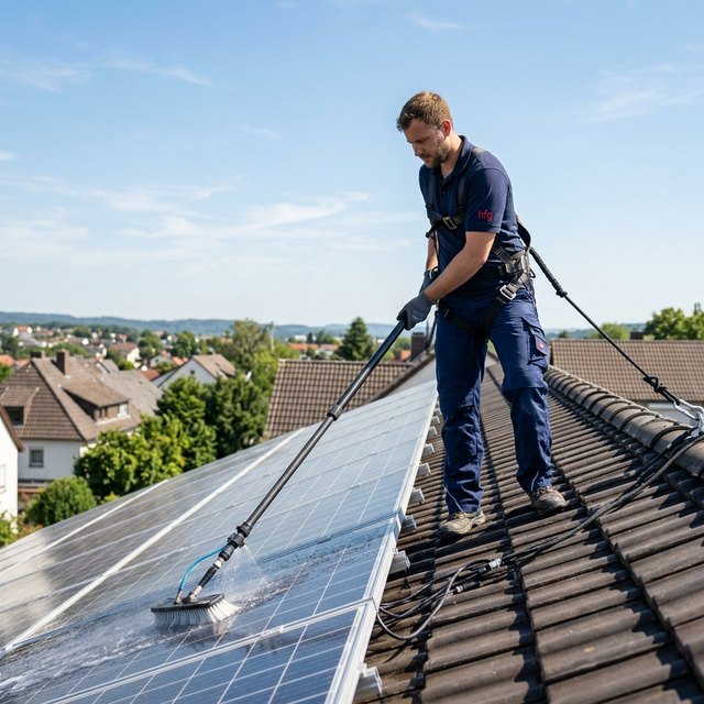Mitarbeiter mit Sicherungsgurt reinigt Solarmodule auf einem Hausdach mit einer Teleskopbürste