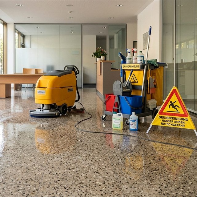 Frisch gereinigter Steinboden mit Reinigungsmaschine, Reinigungswagen und Warnschild „Nasser Boden“