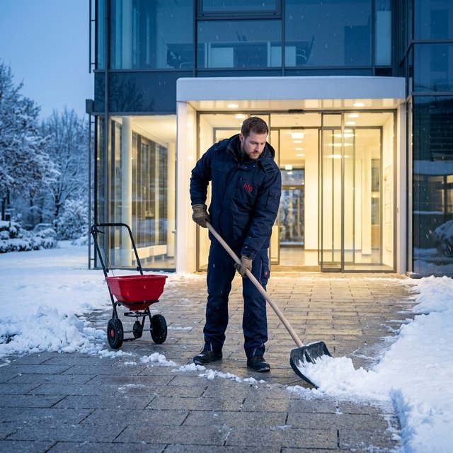 Mitarbeiter räumt Schnee vor dem Eingang eines Bürogebäudes, daneben ein Streuwagen